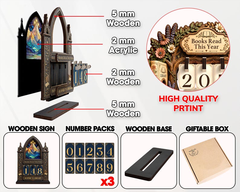May include: A wooden book tracker display featuring a 5 mm wooden frame, 2 mm acrylic mountain art, and 2 mm wooden number tiles. The set includes a wooden base, three packs of number cards, and a giftable box. The sign reads Books Read This Year.