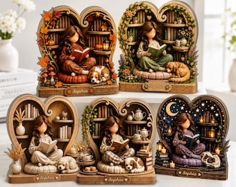 Personalized Reading Girl Decor, Book Lover Wood Sign, Custom Name Bookshelf Art, Cozy Reader GIFT 2026, Gift for Her, Library Shelf Decor