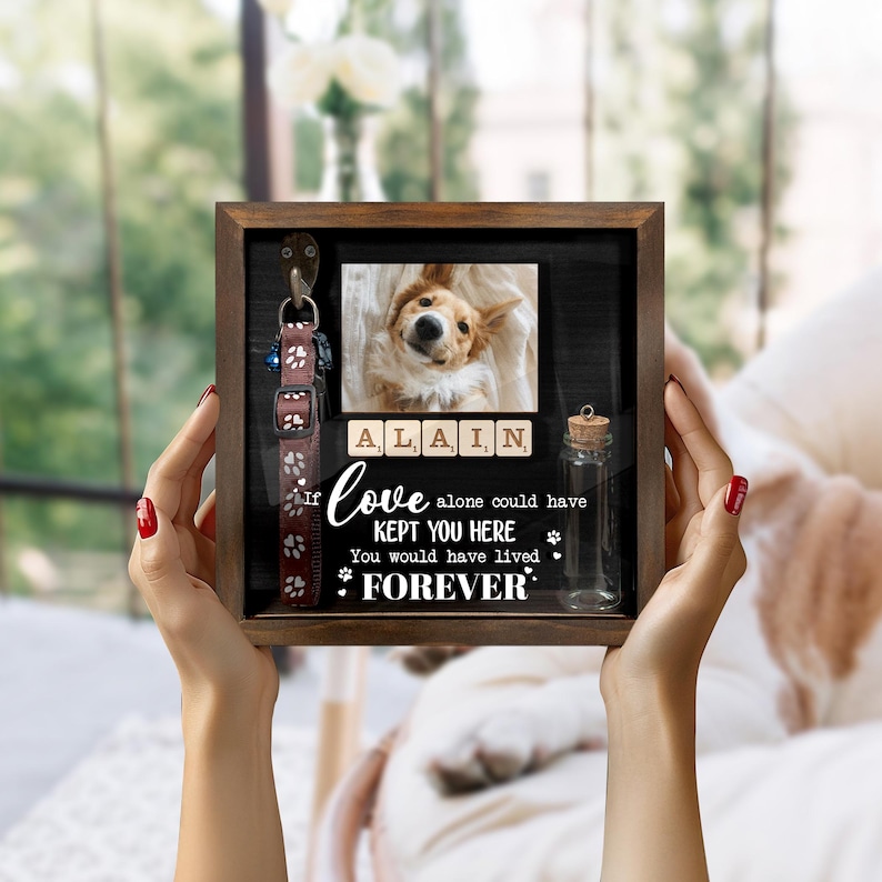 May include: A wooden shadow box with a photo of a dog, a dog collar, and a small glass bottle. The box has the text "If love alone could have kept you here, you would have lived forever."
