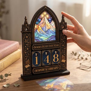 May include: A dark-toned, gothic-style wooden book tracker featuring a stained-glass mountain scene at the top. It includes three rotating number tiles displaying 148, with the text "BOOKS READ THIS YEAR" and "SOPHIE'S LIBRARY" engraved on the frame.