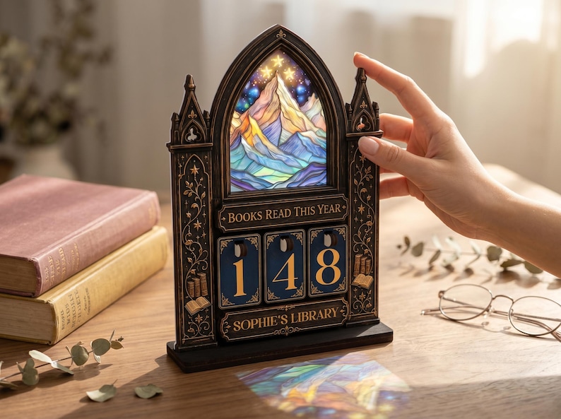 May include: A dark-toned, gothic-style wooden book tracker featuring a stained-glass mountain scene at the top. It includes three rotating number tiles displaying 148, with the text "BOOKS READ THIS YEAR" and "SOPHIE'S LIBRARY" engraved on the frame.