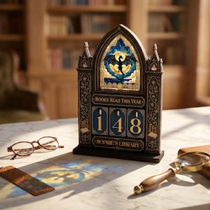 May include: A dark wood book tracker with a stained glass arch featuring a black dragon silhouette. It displays the text BOOKS READ THIS YEAR and SOPHIE'S LIBRARY with three rotating number tiles currently showing 148. The frame has gold floral details.