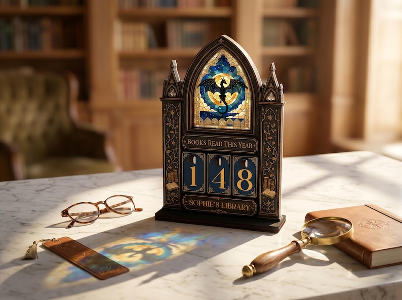 May include: A dark wood book tracker with a stained glass arch featuring a black dragon silhouette. It displays the text BOOKS READ THIS YEAR and SOPHIE'S LIBRARY with three rotating number tiles currently showing 148. The frame has gold floral details.