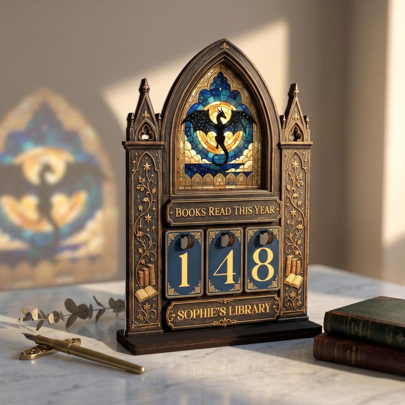 May include: A dark brown wooden book tracker with a gothic arch top featuring a stained glass style dragon illustration. It displays the text BOOKS READ THIS YEAR and SOPHIE'S LIBRARY with three rotating number tiles currently showing 148.