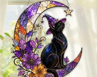 Black Cat Suncatcher, Witch Moon Stained Glass, Halloween Window Hanging, Gothic Floral Decor, Witchy Home GIFT 2026, Spooky Cat Decor Gift