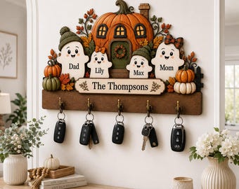 Personalized Family Key Holder, Halloween Ghost Family Sign, Custom Name Wall Organizer, Pumpkin House GIFT 2026, Fall Entryway Home Decor