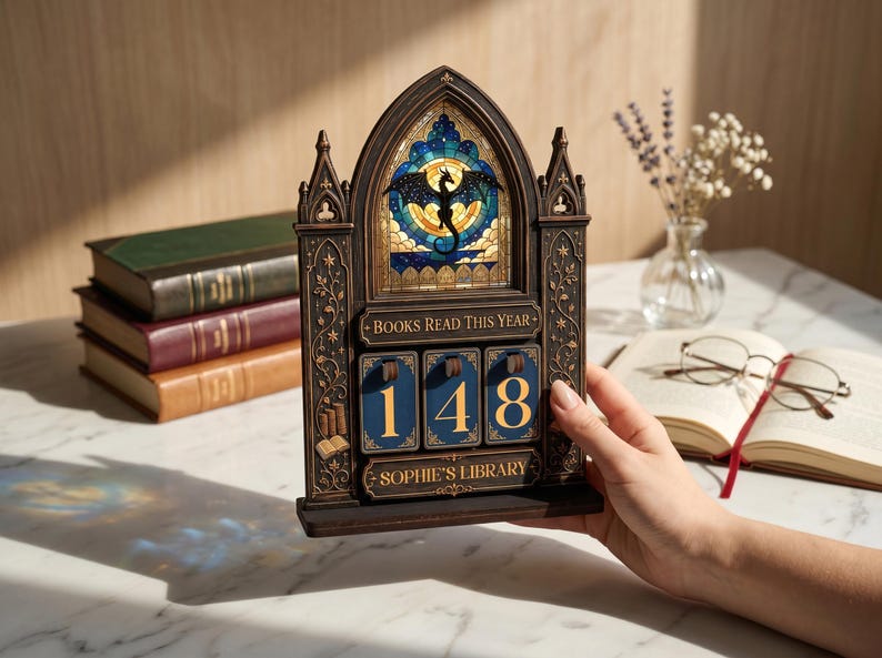 May include: A dark brown wooden book tracker with a gothic arch design, featuring a stained glass-style dragon insert, the text "BOOKS READ THIS YEAR" and "SOPHIE'S LIBRARY," and three rotating blue number tiles currently displaying the number 148.