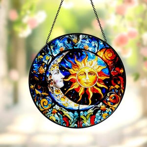 Celestial Sun Faces Decor Stained Glass Suncatcher Window Hanging,Nature Astrology Night Time,Celestial Night Sky,Home Decor,Sun Moon Wall