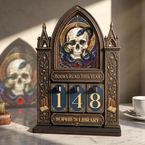 May include: A dark-toned, gothic-style wooden book tracker featuring an arched top with a stained-glass style skull and snake design. It includes a plaque reading BOOKS READ THIS YEAR, three rotating number dials displaying 148, and a base plaque reading SOPHIE'S LIBRARY.
