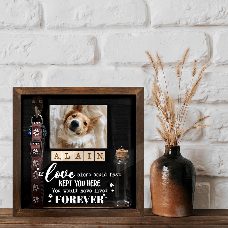 May include: A framed pet memorial with a photo of a dog, a collar, and a small glass bottle. The text reads "If love alone could have kept you here, you would have lived forever." The dog's name, Alain, is spelled out in Scrabble tiles.