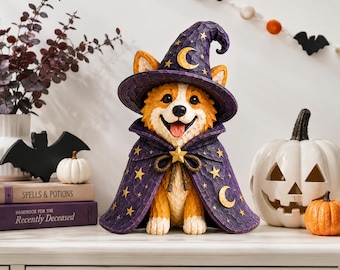 Halloween Pet Decor, Witch Dog Wood Figurine, Spooky Pet Shelf Sitter, Pumpkin Custom Photo, Dog Lover GIFT 2026, Fall Tabletop Decoration