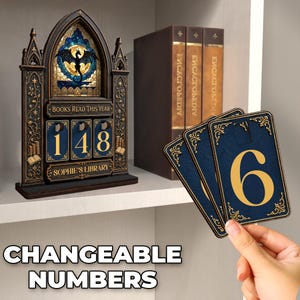 May include: A dark-toned gothic-style book tracker with a stained-glass dragon window, featuring the text 'BOOKS READ THIS YEAR' and 'SOPHIE'S LIBRARY'. It includes three rotating number slots currently displaying 148, accompanied by dark blue number cards.