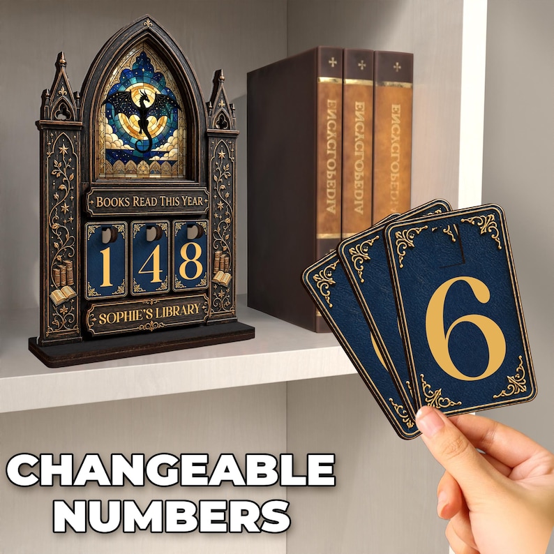 May include: A dark-toned gothic-style book tracker with a stained-glass dragon window, featuring the text 'BOOKS READ THIS YEAR' and 'SOPHIE'S LIBRARY'. It includes three rotating number slots currently displaying 148, accompanied by dark blue number cards.