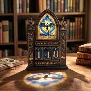 May include: A dark brown, gothic-style book tracker with a stained glass window featuring a black dragon silhouette. It displays the text "BOOKS READ THIS YEAR" and "SOPHIE'S LIBRARY" with three rotating number tiles currently showing 148.