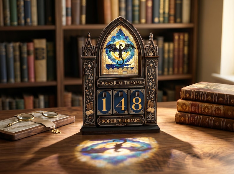 May include: A dark brown, gothic-style book tracker with a stained glass window featuring a black dragon silhouette. It displays the text "BOOKS READ THIS YEAR" and "SOPHIE'S LIBRARY" with three rotating number tiles currently showing 148.
