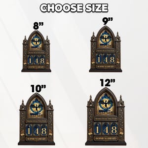 May include: Four gothic-style book trackers in 8, 9, 10, and 12-inch sizes. Each features a stained-glass dragon design, the text 'BOOKS READ THIS YEAR', '148', and 'SOPHIE'S LIBRARY'. The dark brown frames have intricate carvings and book motifs.