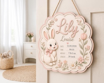 Personalized Baby Birth Stats Sign, Custom Name Bunny Nursery Decor, Newborn Announcement GIFT 2026, Baby Girl Keepsake, Floral Wall Hanging