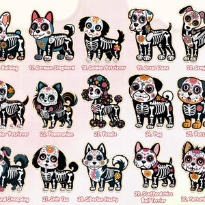 May include: A collection of colorful dog illustrations, each depicting a different breed with a skeleton design. Breeds include French Bulldog, German Shepherd, Golden Retriever, Great Dane, Greyhound, Labrador Retriever, Pomeranian, Poodle, Pug, Rottweiler, Shetland Sheepdog, Shih Tzu, Siberian Husky, Staffordshire Bull Terrier, and Yorkshire Terrier.