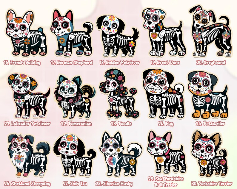 May include: A collection of colorful dog illustrations, each depicting a different breed with a skeleton design. Breeds include French Bulldog, German Shepherd, Golden Retriever, Great Dane, Greyhound, Labrador Retriever, Pomeranian, Poodle, Pug, Rottweiler, Shetland Sheepdog, Shih Tzu, Siberian Husky, Staffordshire Bull Terrier, and Yorkshire Terrier.