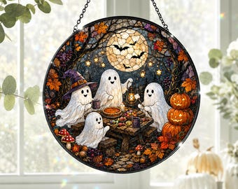 Halloween Ghost Suncatcher, Stained Glass Fall Decor, Spooky Ghost Family Window Hanging, Pumpkin GIFT 2026, Autumn Witchy Home Decoration