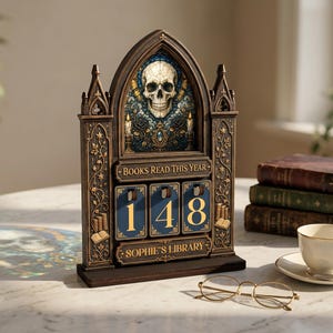 May include: A dark brown, gothic-style wooden book tracker with a pointed arch frame. It features a skull illustration, the text "BOOKS READ THIS YEAR" and "SOPHIE'S LIBRARY," and three rotating blue number tiles currently displaying the number 148.