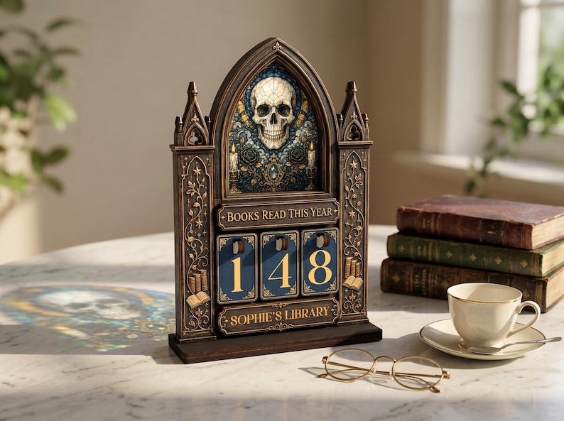 May include: A dark brown, gothic-style wooden book tracker with a pointed arch frame. It features a skull illustration, the text "BOOKS READ THIS YEAR" and "SOPHIE'S LIBRARY," and three rotating blue number tiles currently displaying the number 148.
