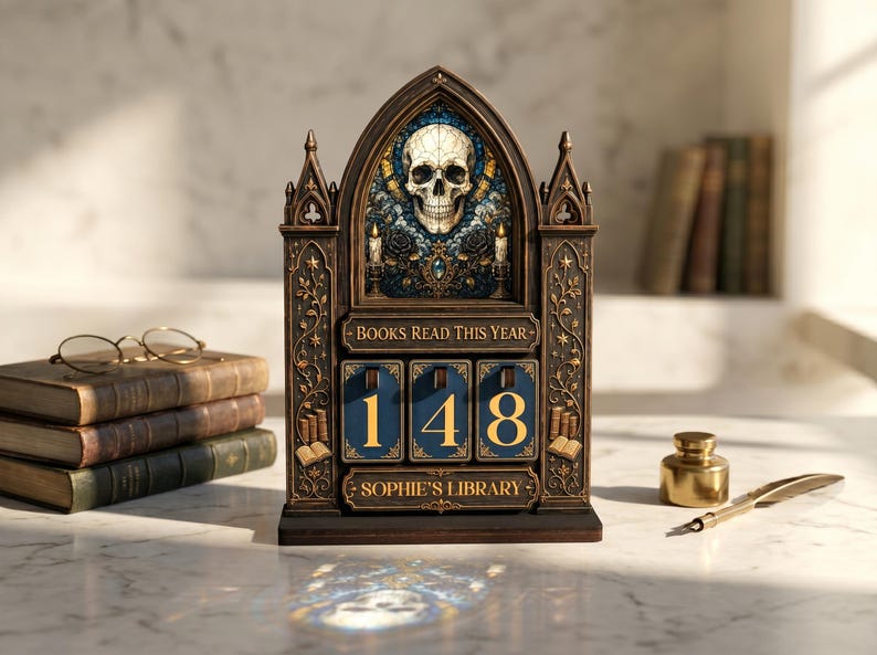 May include: A dark brown, gothic-style wooden book tracker with a pointed arch top featuring a skull illustration. It displays the text "BOOKS READ THIS YEAR" and "SOPHIE'S LIBRARY" with three rotating blue number tiles currently showing 148.