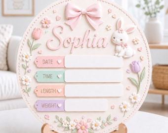 Personalized Baby Birth Stats Sign, Custom Name Nursery Decor, Newborn Announcement Board, Baby Girl GIFT 2026, Bunny Floral Wood Sign Art