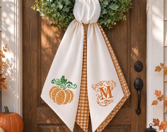 Personalized Embroidered  Pumpkin Wreath Sash, Fall Monogram Door Bow, Thanksgiving Front Door Decor, Autumn Housewarming Gift, Porch Decor