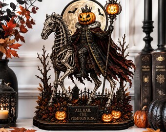 Halloween Pumpkin King Decor, Skeleton Horse Wood Sign, Gothic Spooky Tabletop Art, Dark Fantasy GIFT 2026, Haunted House Shelf Decoration