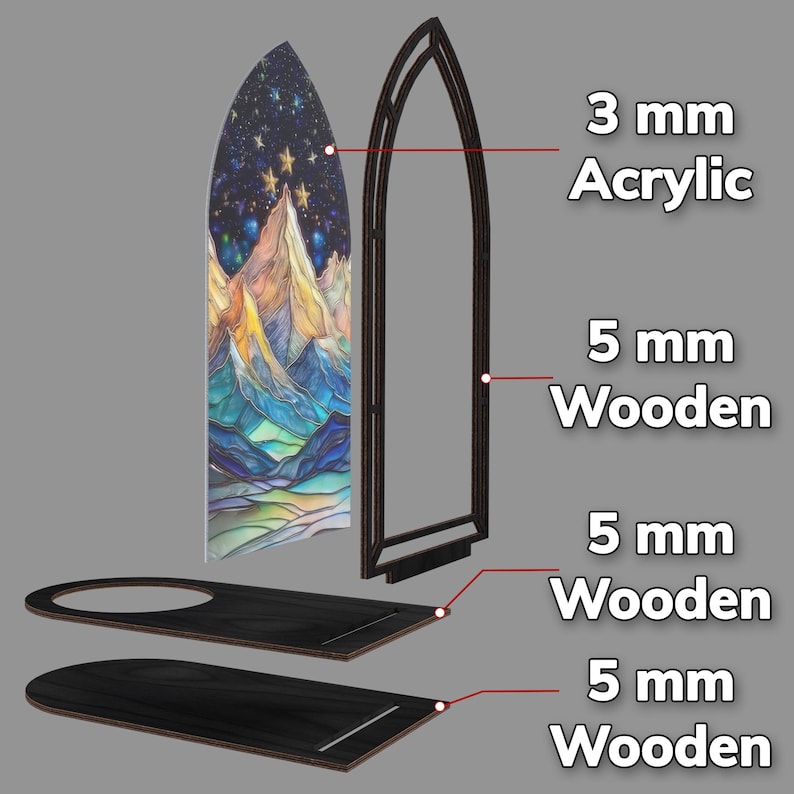 May include: An exploded view of a stained-glass-style mountain scene. The design includes a 3 mm acrylic panel with a mountain and starry night design, a 5 mm wooden frame, and two 5 mm wooden bases.