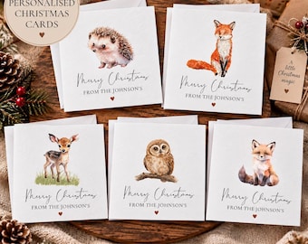 Personalised Woodland Animal Christmas Cards, Family Name Xmas Set (Pack of 5)