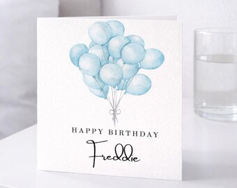 Personalised Blue Balloon Birthday Card – Watercolour Name Card – Hammered Cardstock