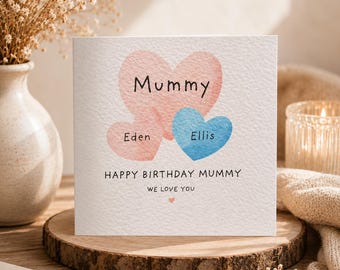 Personalised Watercolour Heart Family Birthday Card for Mum, Keepsake Gift