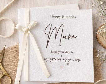 Elegant Birthday Card for Mum – Cream Ribbon, Hammered Cardstock