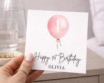 Personalised 1st Birthday Card, Pink Balloon, Gift for Girls