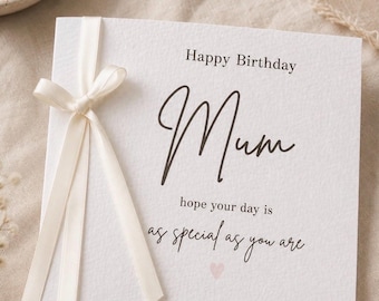 Elegant Birthday Card for Mum – Cream Ribbon, Hammered Cardstock