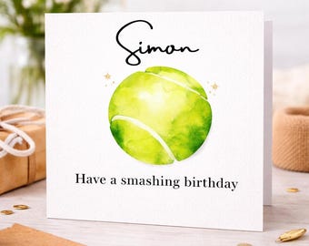 Personalised Tennis Birthday Card, Custom Name Sports, Hand-Painted Tennis Ball Design
