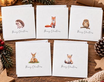 Woodland Animal Christmas Cards, Watercolor Fox, Owl, Deer, Hedgehog (Pack of 5 or 10)