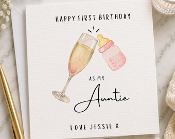 Personalised First Birthday Auntie Card | Niece Nephew Gift, Champagne Flute Baby Bottle Design