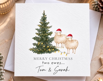 Personalised Couples Christmas Card | Two Ewes, Festive Sheep (6x6 Inch)