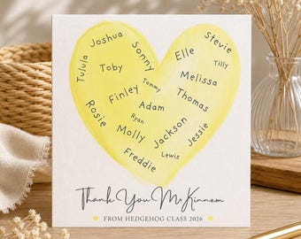 Personalised Teacher Thank You Card | Watercolour Heart Class Names | Hammered Finish 6x6 Inch