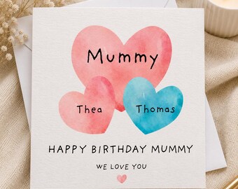 Personalised Mum Birthday Card From Children, Watercolour Heart Card With Names