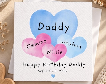 Personalised Watercolour Hearts Daddy Birthday Card | Custom Family Names keepsake