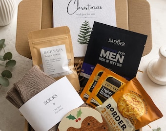 Men’s Christmas Gift Box, Cosy Socks, Tea, Biscuits & Self Care Hamper for Him