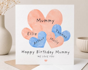 Personalised Watercolour Heart Family Birthday Card for Mum