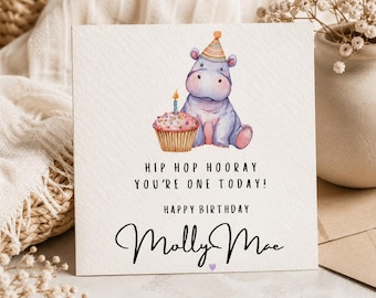 Personalised 1st Birthday Card for Granddaughter | Watercolour Hippo, Custom Name, First Birthday Girl