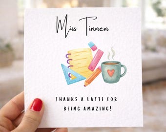 Personalised Teacher Thank You Card | Watercolour School Supplies, Coffee Illustration