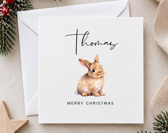 Personalised Watercolour Bunny Christmas Card, 6x6 Hammered Textured Card
