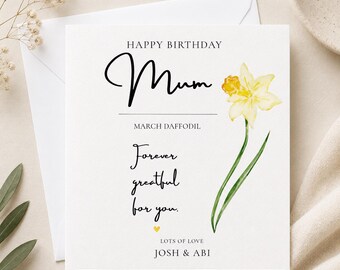 Personalised Mum Birthday Card | March Daffodil Watercolour Floral Design